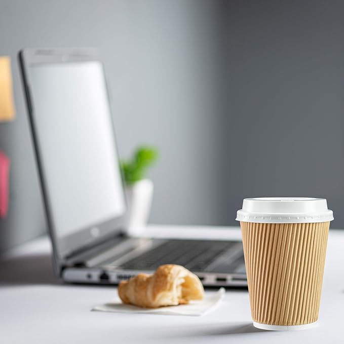 GUSTO Comfy Package [12 oz. - 50 Sets] Insulated Kraft Ripple Paper Hot Cups, Disposable Coffee Cups With Lids - Ideal for Hot Beverages, Travel, and Office Use