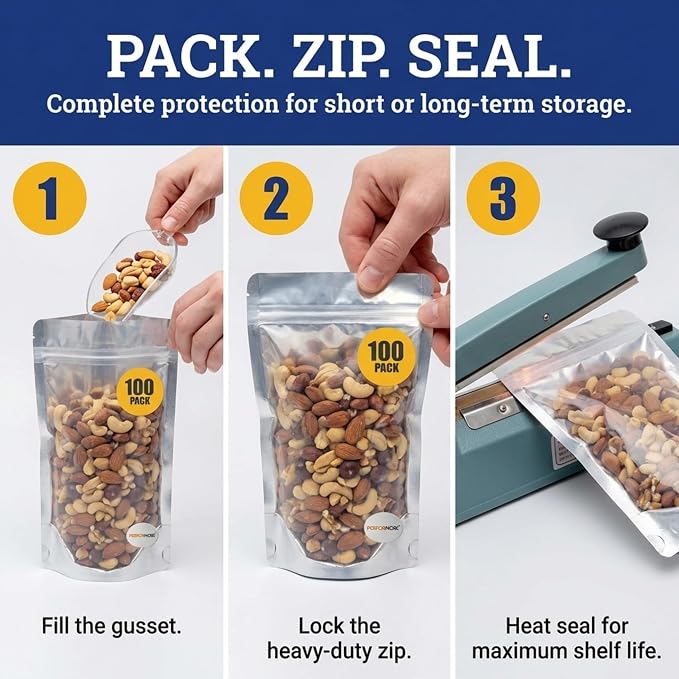 Stand Up Pouch Bags, 6" x 9", Heavy Duty, 100 Pack, Clear Front with Aluminum Foil Back - Resealable Ziplock and Heat Sealable for Food Storage - Image 2