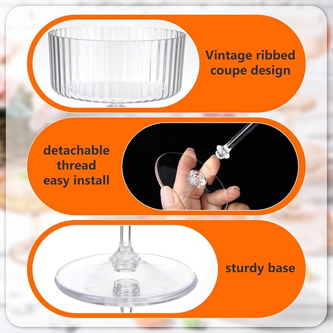 Jingmore 24 Pcs Ribbed Martini Glasses 10 oz Disposable Plastic Vintage Ribbed Coupe Glasses Unbreakable Dessert Parfait Glassware for Wedding Birthday Party Supplies (Clear) - Image 3