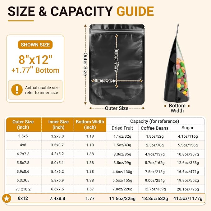 ANZNKU 100PCS Mylar Bags Resealable Large Smell Proof Bags(Black, 8x12) | Stand Up Foil Pouches Clear Window, Sealable Bags for Small Business Packaging Snack Party Favors Candy Treats Food Storage - Image 2
