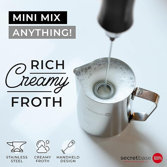 Secretbase USB C Rechargeable Milk Frother Handheld 3 Speed, USB Charging Cradle - Stainless Steel Whisk for Bulletproof Coffee, Espresso Whipper, Mini Electric Stirrer (Black Frother without Pitcher)