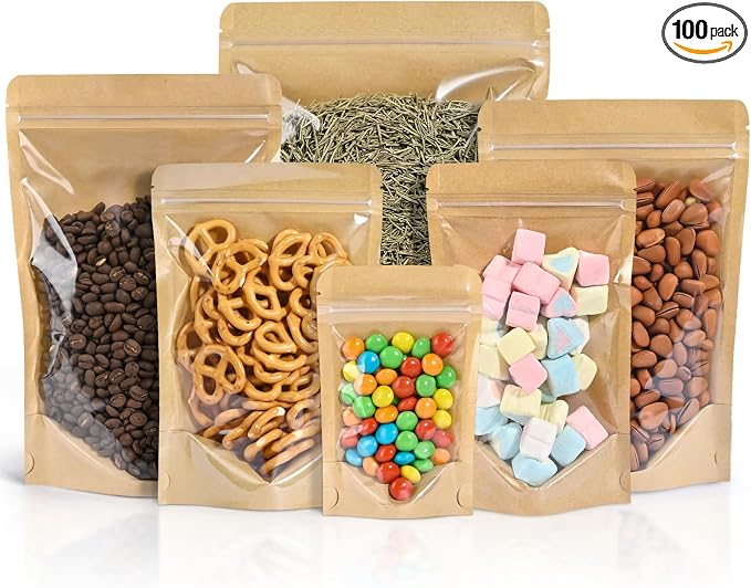 FireKylin 100 PCS Stand Up Pouches,7.9" x 11.8" Paper Bags With Window Clear Front Pouches Resealable Zipper Food Storage Brown by FireKylin