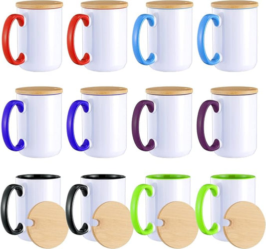 RAINBOWTIE 12PCS 15oz Sublimation Mugs with Bamboo Lid, 6 Assorted Colors | Ceramic Cup with lid and Bamboo, blank mugs for diy, father's day, mother's day, casual, beach, vacation, party,wedding by Rainbowtie