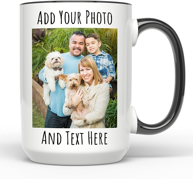 Personalized Coffee Mug 15 Oz, Custom Picture Text or Logo Ceramic Mug, Customized Gift for Men & Women, Taza Personalizada with Photo and Words, Customizable Large Tea Cup | White - Black by Giftbees