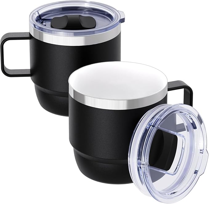8 oz Small Coffee Mug with Magnetic Sliding Lid & Handle | Ceramic-Lined 18/8 Stainless Steel, Double-Wall Vacuum Insulated, Stackable, Dishwasher Safe, Mini Coffee/Tea Cup, 2 Pack by Cafezi