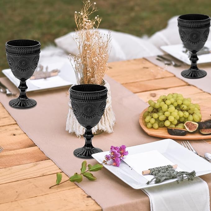 Black Vintage Wine Glasses Set of 6, 10 Ounces Colored Glass Water Goblets, Unique Floral Embossed Pattern High Clear Stemmed Glassware Wedding Party Bar Drinking Cups Fancy Glasses Hand Wash Only - Image 4
