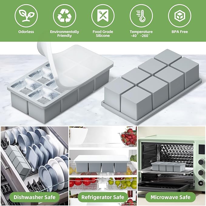 Large Ice Cube Molds, 2 Pack Easy Release Ice Trays for Freezer with Lid, Stackable Square Big Silicone Ice Cube Tray BPA Free Slow Melting for Bourbon Whiskey, Cocktails, Iced Coffee (Grey)