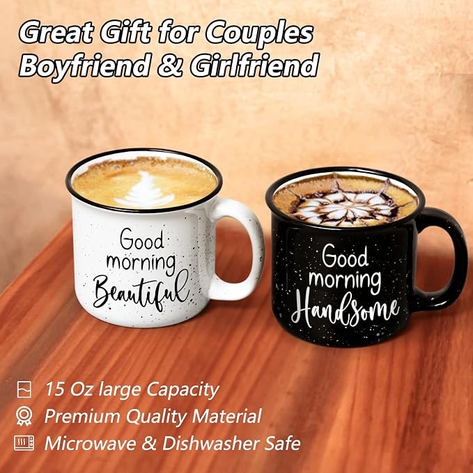 YHRJWN His and Hers Gifts, Good Morning Beautiful & Handsome Coffee Mug, Couple Gift for Him and Her, Couple Mugs for Mr and Mrs, Newlyweds Couples Gifts for Wedding Anniversary, 15 Oz - Image 5