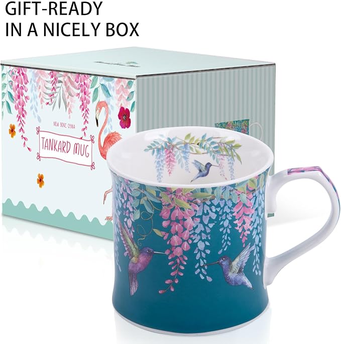 Spring Hummingbird Floral Coffee Mug, 12oz Dark Teal Ceramic Mug with Wisteria and Fluttering Hummingbird, Elegant Gift Mug for Mom, Women & Bird Lovers, Designed in England by Harvest Green Studio - Image 4