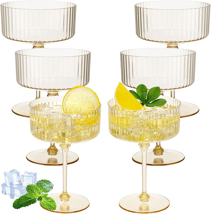 Jingmore 6 Pcs Ribbed Martini Glasses 10 oz Disposable Plastic Vintage Ribbed Coupe Glasses Unbreakable Dessert Parfait Glassware for Wedding Birthday Party Supplies (Gold) by Jingmore