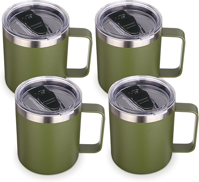 Volhoply 14oz Insulated Stainless Steel Coffee Mug with Lid Bulk 4 Pack,Double Wall Vacuum Travel Coffee Cup with Handle,Reusable Cups Tumbler,Camping Mugs Keep Hot,Ideal Gifts(Army Green,4) by LiveFully%EF%BC%8CDrinkFreely%E2%80%94KeepGoingwithVolhoply%EF%BC%81