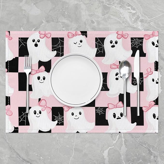 Feelyou Happy Halloween Placemats Set of 4 Cute Ghost Bow Table Mats for Party Kitchen Dining Decoration White Pink Black Place Mat for Table Holiday Decor Indoor Outdoor 18"x12" Non-Slip Spider Web - Image 2