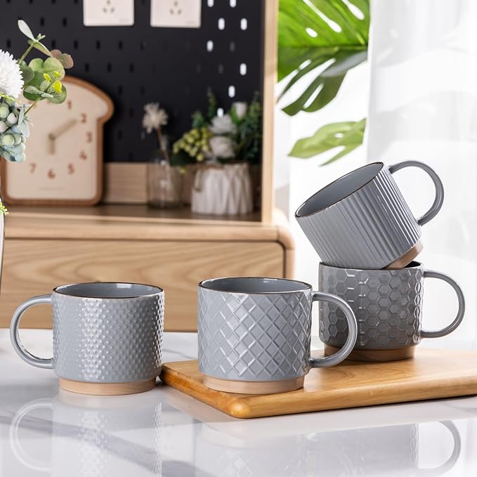 GBhome 12 OZ Stackable Coffee Mugs Set of 4, Ceramic Coffee Cups Set | 4 Assorted Designs, Embossed Mugs with Texture Patterns for Tea/Coffee, Dishwasher&Microwave Safe, Gray by GBhome