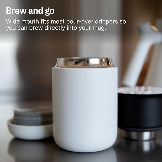 Fellow 16 oz Carter Wide Travel Mug - Wide Mouth Vacuum-Insulated Stainless Steel - Tea and Coffee Tumbler - Travel Coffee Mug with Ceramic Interior - Stone Blue