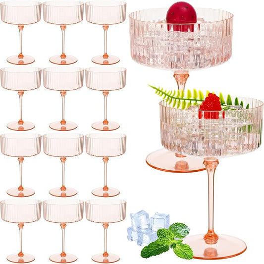 Jingmore 12 Pcs Ribbed Martini Glasses 10 oz Disposable Plastic Vintage Ribbed Coupe Glasses Unbreakable Dessert Parfait Glassware for Wedding Birthday Party Supplies (Champagne Powder) by Jingmore