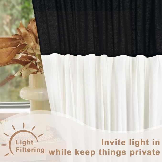 Likiyol Linen Swag Curtains Farmhouse Ruffle Valances for Windows Rustic Country Window Valances Light Filtering Kitchen Curtains Rod Pocket Valance for Bathroom Cafe, Black White, 60" W x 36" L - Image 3