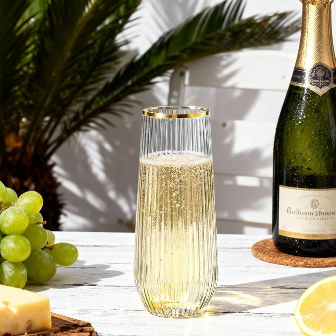 Goodluck 48pack 9oz Clear Stemless Plastic Champagne Flutes with Gold Rim | Ribbed Stemless Toasting Glasses，Champagne Flutes Plastic for Weddings, Bars, Events, Party And Celebrations - Image 2