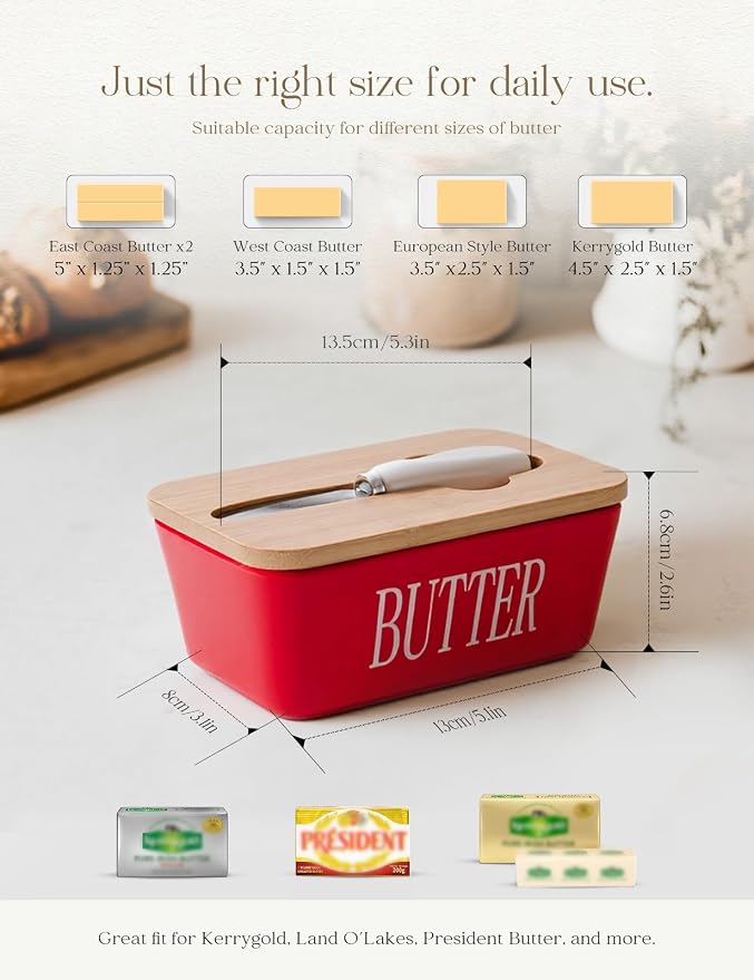 AISBUGUR Large Butter Dish with Lid Ceramics Butter Keeper Container with Knife and High- quality Silicone Sealing Butter Dishes with Covers Good Kitchen Gift Red 6.3 x 3.5 x 2.7 inches | Suitable Capacity, Great Sealing, Home Decor Kitchen Gift Housew... - Image 2