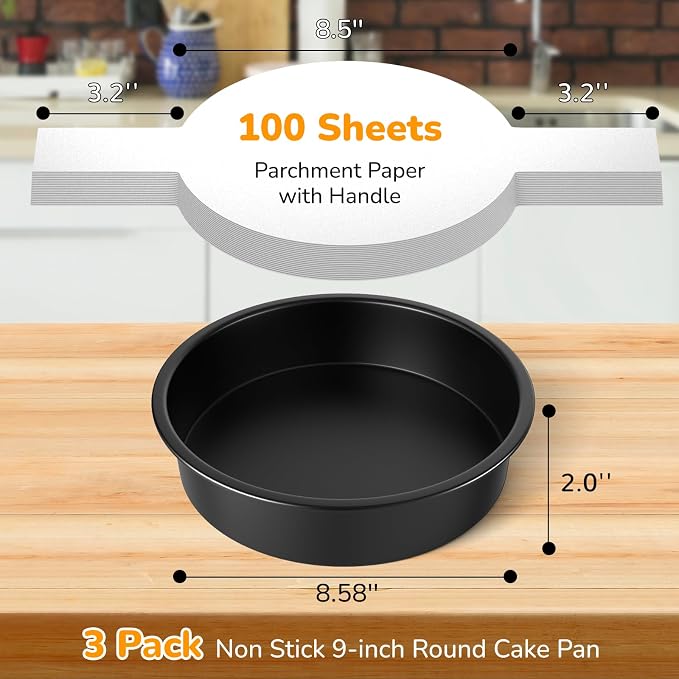 9 Inch Round Cake Pan Set of 3, Nonstick Baking Pans with 100PCS Parchment Paper, Dishwasher Safe - Image 2