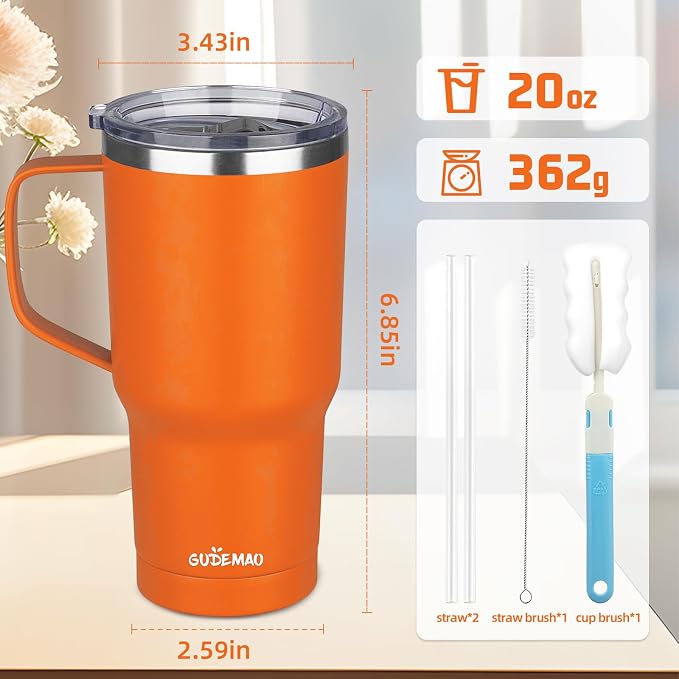 20 oz Insulated Coffee Mug with Ceramic Coating, Stainless Steel Travel Mug Tumbler with Handle Lid and Straw, Double Wall Leak-Proof Coffee Travel Mug Keeps Drink Hot and Cold (Orange) - Image 2
