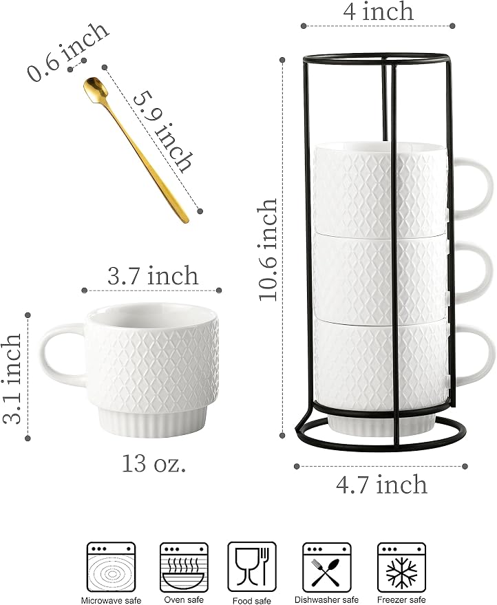 LYEOBOH Stackable Coffee Mugs with Rack, 13 oz Ceramic Coffee Mug Set of 4 with Stand, Latte Cup with Spoon, Cappuccino Cups for Hot Cocoa, Milk, White - Image 2