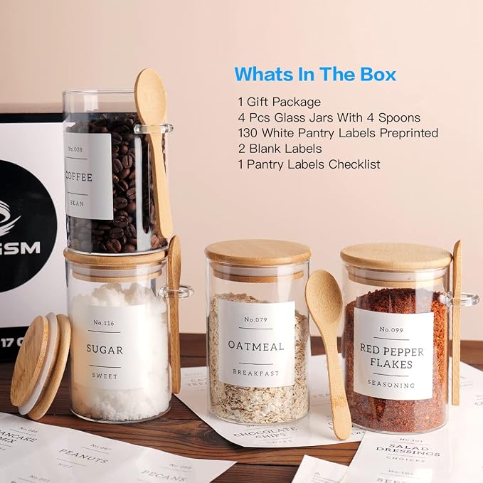CZZGSM Glass Jar with Bamboo Lid and Spoon - 4 Pcs 17 oz Sugar Container with 132 Food Pantry Labels - Glass Containers with Wooden Lids Hold Coffee, Tea, Candy - Image 2