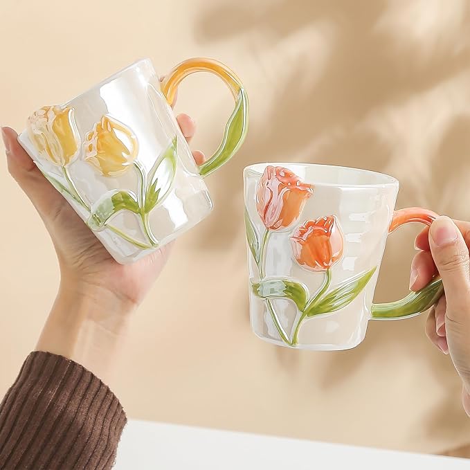Hand Drawn Ceramic Coffee Mug 11.8Oz, Personalized Cute Tea Cup for Women, Unique Gift for Mom Wife Best Friend, Home Office Use, Orange Color - Image 6