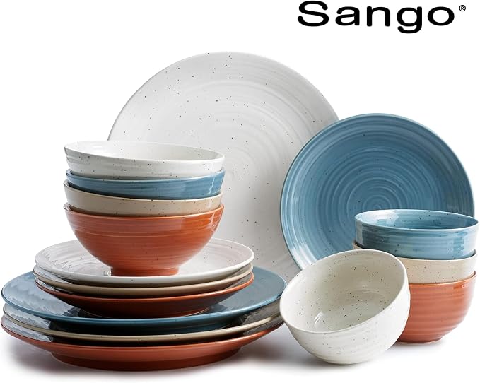 Sango Siterra Painter's Palette 16-Piece Stoneware Dinnerware Set - Service for 4, Ceramic Plates and Bowls Sets, Chip Resistant, Rustic Dishware, Microwave & Dishwasher Safe Kitchen Dishes - Image 9