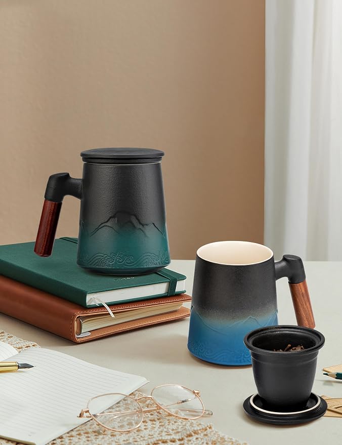 suyika Tea Cup with Infuser and Lid, 15.2 Ounce Wood Handle Ceramic Loose Leaf Mug Gradient Black&Blue 450ml - Image 8
