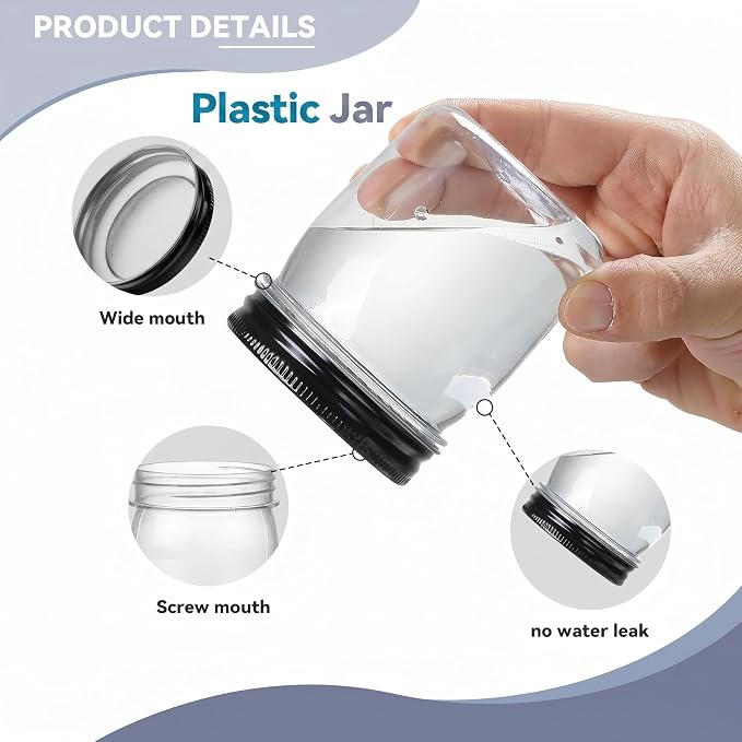 novelinks 8 oz Plastic Mason Jars and Clear Plastic Jars with Lids 8 oz | 48 Pack, Black, Plastic Containers with Lids, Small Mason Jars, Clear Jars Bulk, Spice Jars, Slime Jars, Mini Jars - Image 3