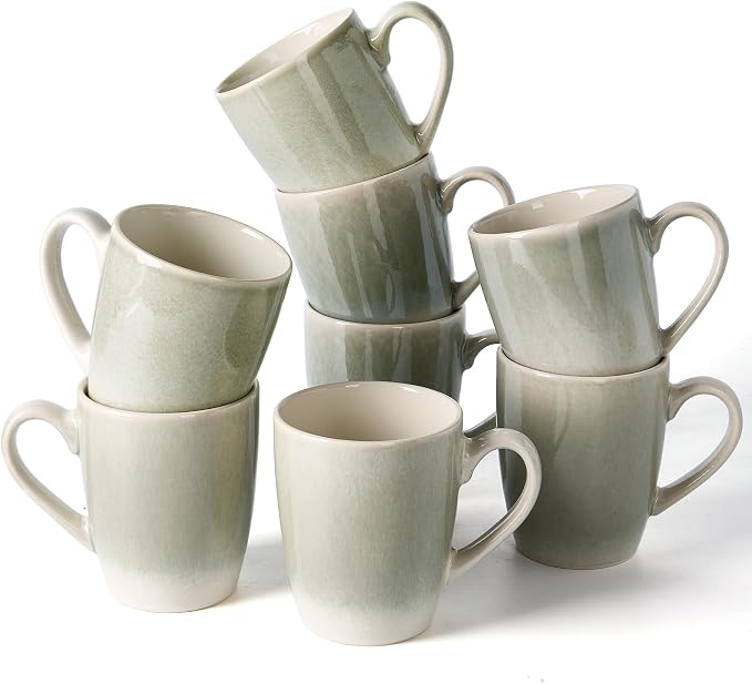 famiware Coffee Mugs Set, 13 oz Mug Set of 8, Stoneware Cups for Latte, Hot Tea, Mocha, Cocoa, Cappuccino, Microwave and Dishwasher Safe, Glacier Series, Sage Green by Famiware
