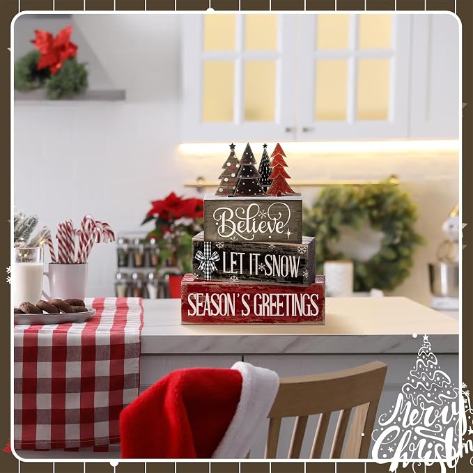 Moucuny 4 Pcs Christmas Table Decor Christmas Tree Centerpiece Rustic Decorative Tree Block Signs Gift Winter Tiered Tray Decor Farmhouse Winter Tabletop Decoration for Home Xmas Party Kitchen Shelf - Image 5