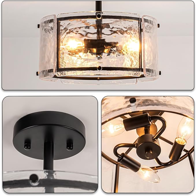 Black Semi Flush Mount Ceiling Light Fixture for Foyer,Entryway,Hallway | 11.8" Small 3 Light Drum Modern Farmhouse Glass Ceiling Light Fixtures for Kithcen,Bedroom,Dining Room,Bathroom - Image 5