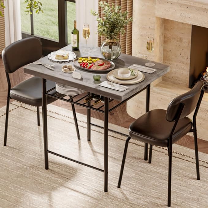 VINGLI Dining Table Set for 2, Small Kitchen Table Set with Upholstered Chairs, 3-Piece Dining Set with Storage Rack, Wood Dining Room Set with Metal Legs for Small Spaces, Living Room, Grey by VINGLI