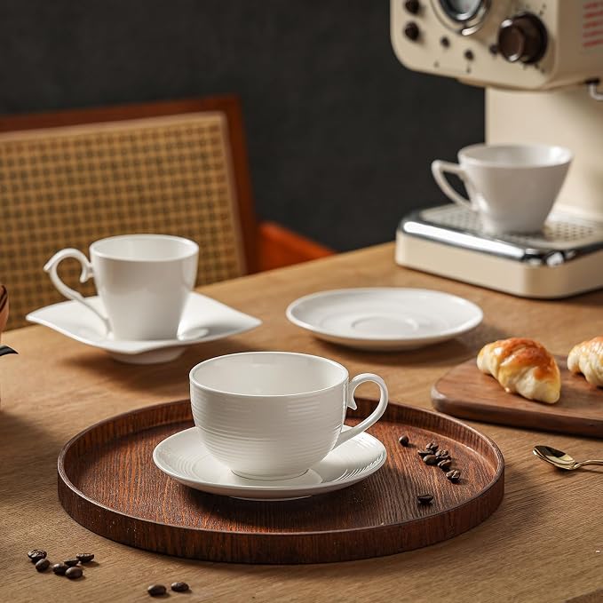 12 oz Cappuccino Cups with Saucers, Ceramic Espresso Coffee Cups Set of 4, White Latte Cup and Saucer, Elegant Tea Mugs Set, Microwave Dishwasher Safe Drinkware for Cafe, Housewarming Gift - Image 8
