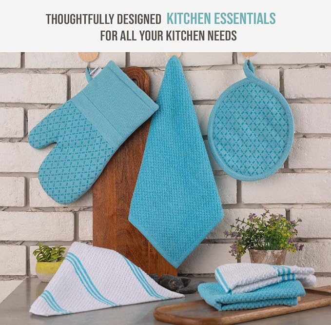 Lane Linen 16Pc Kitchen Towel Set - Heat Resistant Oven Mitts & Pot Holders, Reusable Dish Cloths, Absorbent Hand Towels - Aqua - Image 3