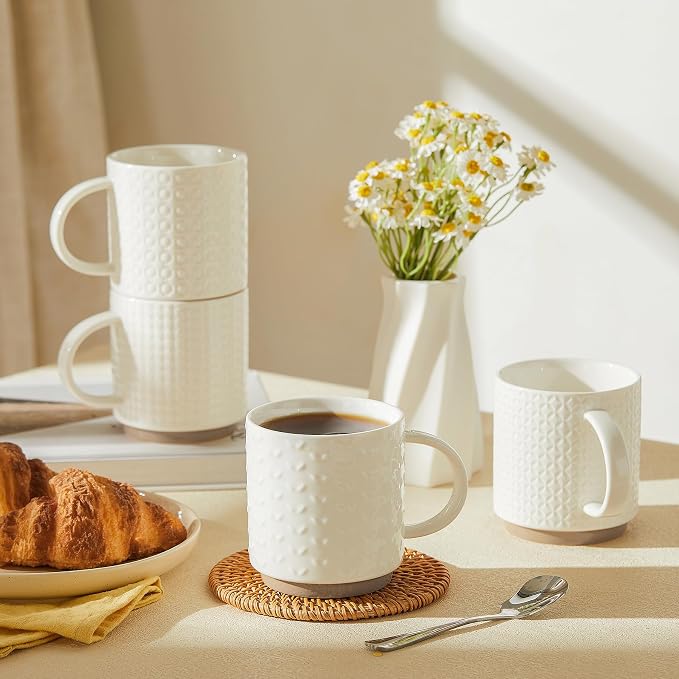 Sweese Stackable Coffee Mugs Set of 4, 10 oz Porcelain Coffee Cups with Embossed Design, White Cappuccino Cups for Coffee, Latte - Image 2