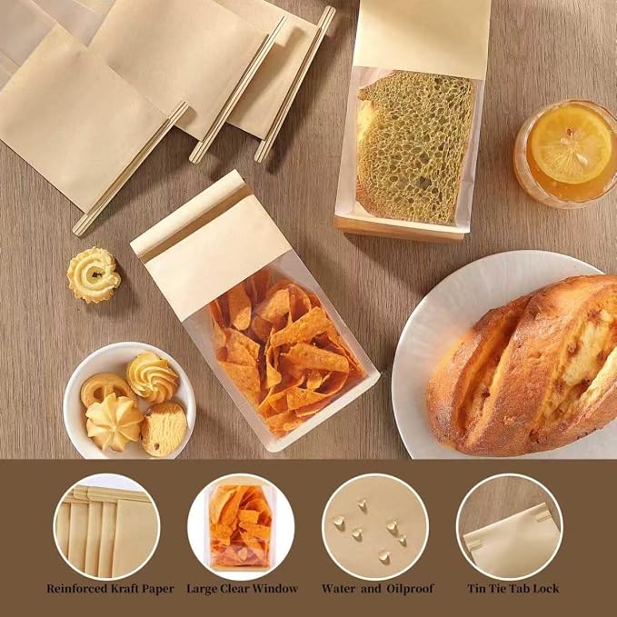50 Pack Cookie Bags Packaging, DAJLFA Small Bakery Bags with Window, Tin Tie Tab Lock, Great for Muffin, Homemade Granola, Popcorn, Candies (3.9 * 3 * 9.2 Inches) - Image 3