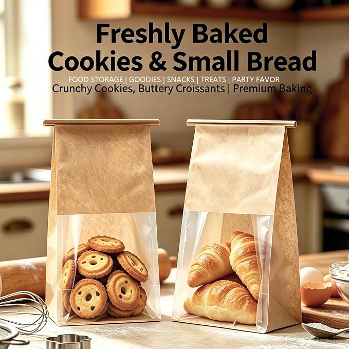 Cookie Bakery Bags with Window Small Bread Baked Goods Packaging Tin Tie Tab Closure for Candies, Treats, Snack - Brown Kraft Paper 45 Pcs 11x5.1x3.9 Inch - Image 4