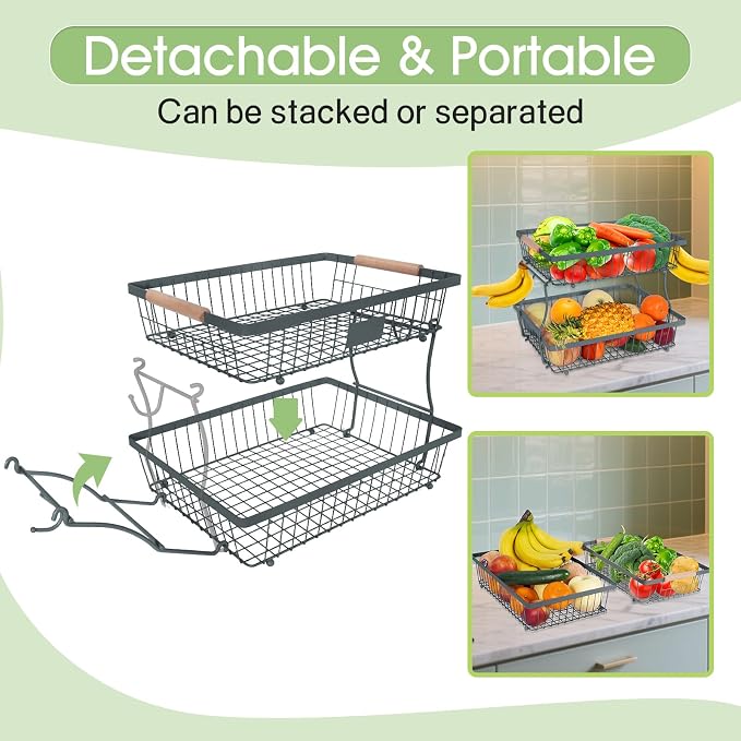 Fruit Basket Bowl 2 Tier Detachable with 2 Banana Hangers, Fruit Stand Holder for Kitchen Countertop, Metal Wire Vegetable Storage Organizer, for Bread Snack Veggies Produce, gray - Image 4