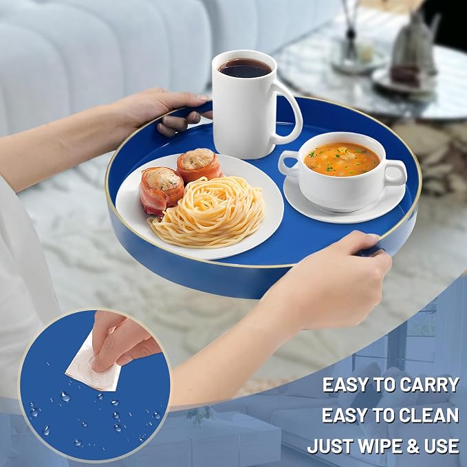 MAONAME 13" Blue Decorative Tray, Plastic Round Serving Tray with Handles | Decorative Tray for Coffee Table, Modern Ottoman Tray, Circle Tea Tray, Round Melamine Tray for Living Room, Bathroom - Image 4