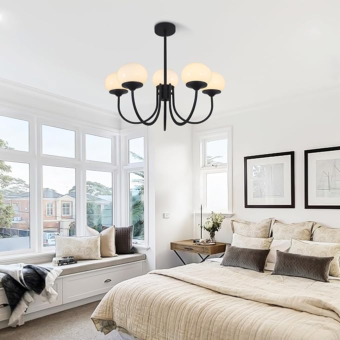 5 Light Black Milk Glass Chandelier Farmhouse Pendant Lights Kitchen Island Frosted White Globe Chandelier Mid Century Modern Dining Room Light Fixtures Over Table - Image 6