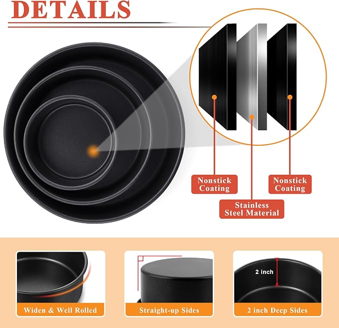 E-far Nonstick Cake Pan Set of 3, 5/7/9 Inch Stainless Steel Baking Pans Tins, Round Bakeware for Layer Cakes, Stainless Steel Core & Non-Toxic Coating, Straight Side & 2 Inch Deep - Image 3