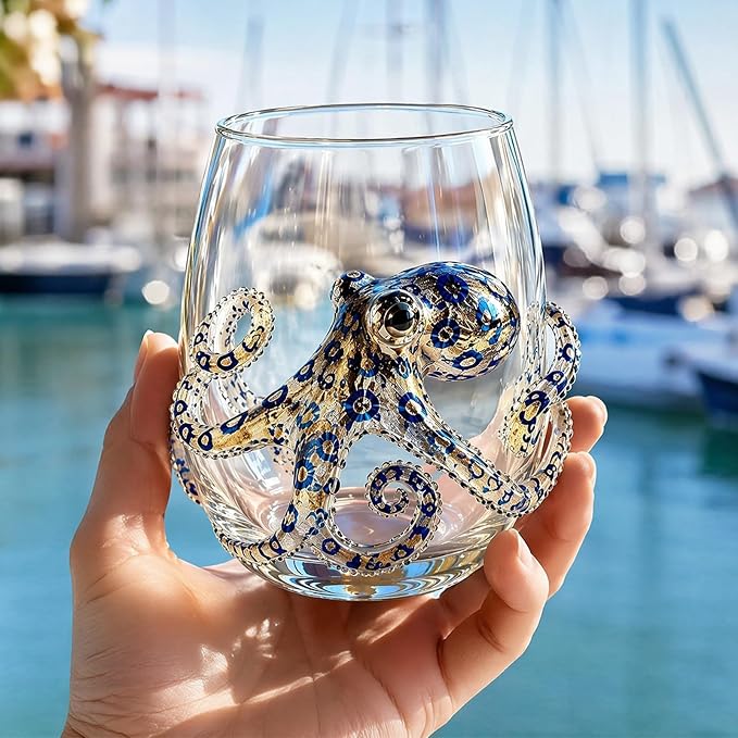 Ocean-Themed Blue Ringed Octopus Hand-Blown Glassware | Ocean-themed octopus glassware: hand-blown coastal stemless wine glasses for ocean lovers - Image 3