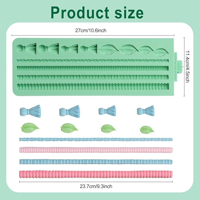 KALAIEN Hemp Rope Fondant Mold, Pearl Knit Rope Silicone Mold Macrame Tassel Cake Decorating for Baking Cookies, Clay Molds, Sugarcraft, Chocolate, Candy, Pastry Molds (Hemp Rope)