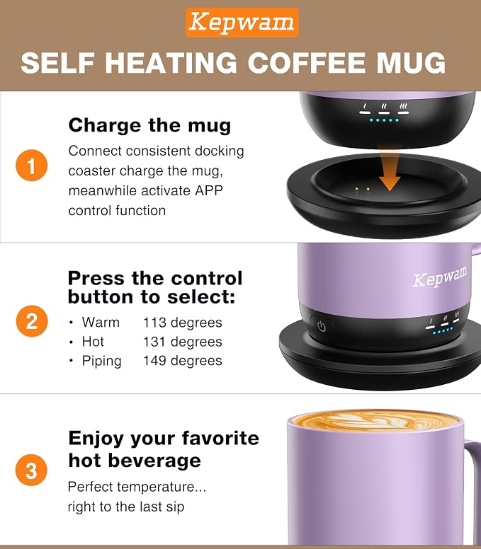 Kepwam Self-Heating Coffee Mug T1, 16oz Rechargeable Heated Coffee Mug, Smart Coffee Warmer Mug with App-Controlled,Advanced Temperature-Controlled Heating Coffee Gifts for Women Men Coffee Lover - Image 3