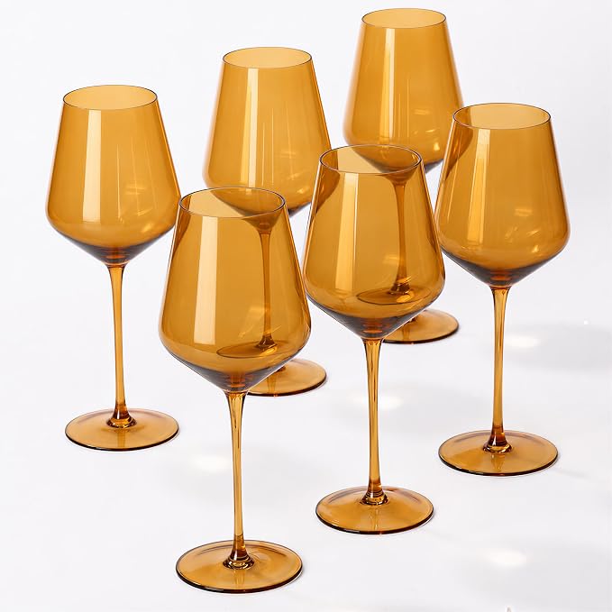 Amber Wine Glasses Set of 6, Handblown Colored Wine Glasse,Amber Coloful Glassware，17OZ for Red or White Wine by SIPBYSOP