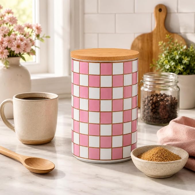 Kitchen Countertop Ceramic Checkered Canisters,Black And White Food Storage Containers With Lid,Airtight Kitchen Canisters for Flour, Sugar, Coffee, Tea, and Dry Goods (Pink, XL) - Image 4