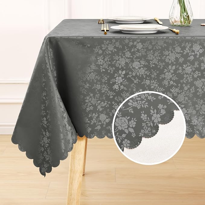 Smiry Rectangle Waterproof Heavy Duty Vinyl Tablecloths, 52 x 70 Inch | Wipeable Washable Floral Embossed Table Cover for Kitchen and Dining Room, Indoor & Outdoor Use, Dark gray - Image 2