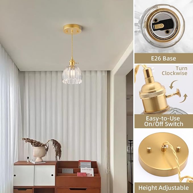 Ralbay Vintage Pendant Lights Kitchen Island,Clear Tulip Glass Shade,3Packs | Mini Pendant Light Fixture with Switch, Adjustable Brass Hanging Light for Bedroom, Dining Room, Hallway, Bar - Image 4
